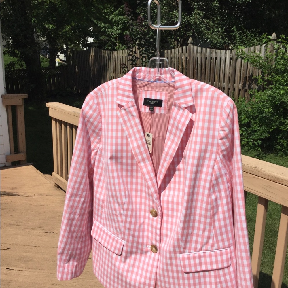 NWT Talbots Pink & White Linen Gingham Lined Blaz - Picture 5 of 8